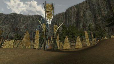 Giant tusks adorn a gate into the ogre camp